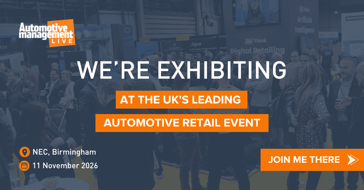 Promotional graphic for Automotive Management Live, announcing exhibition at a UK automotive retail event.